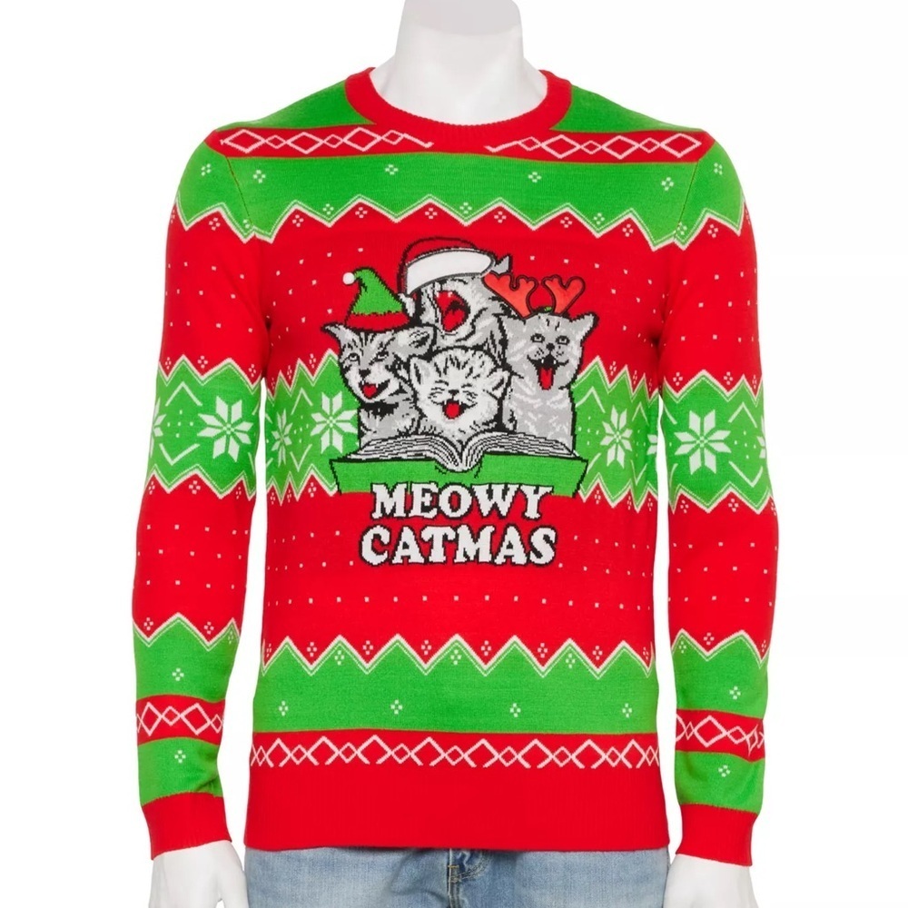 Mad Engine Meowy Catmas Men’s Ugly Christmas Sweater Cats Holiday Red Green